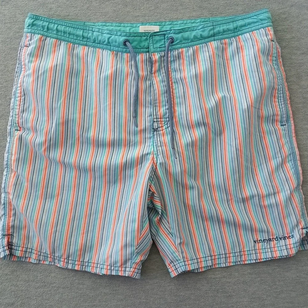 Vineyard Vines Mens Striped Swim Trunks Blue Orange White Size Small